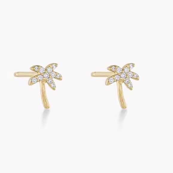Tiny Palm Stud Earrings 14K Gold Sterling Silver Cubic Zirconia Hypoallergenic - Picture 1 of 11
